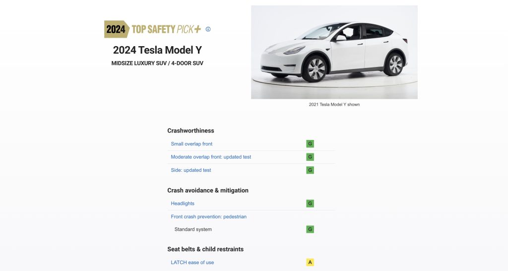 特斯拉 Model Y 荣获 2024 年 IIHS TOP SAFETY PICK+ 奖项